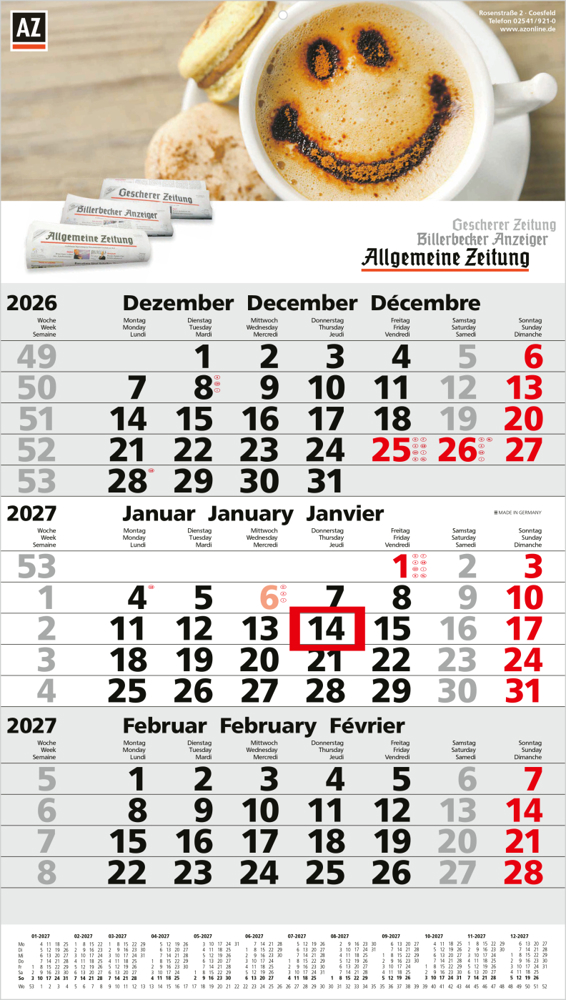 3-Monatskalender Einblatt Primus 3 Post A mit Jahresübersicht