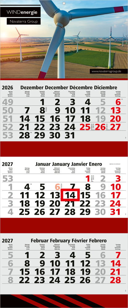 3-Monatskalender Mehrblock Maxi 3 Post Extra-Breite 335 mm
