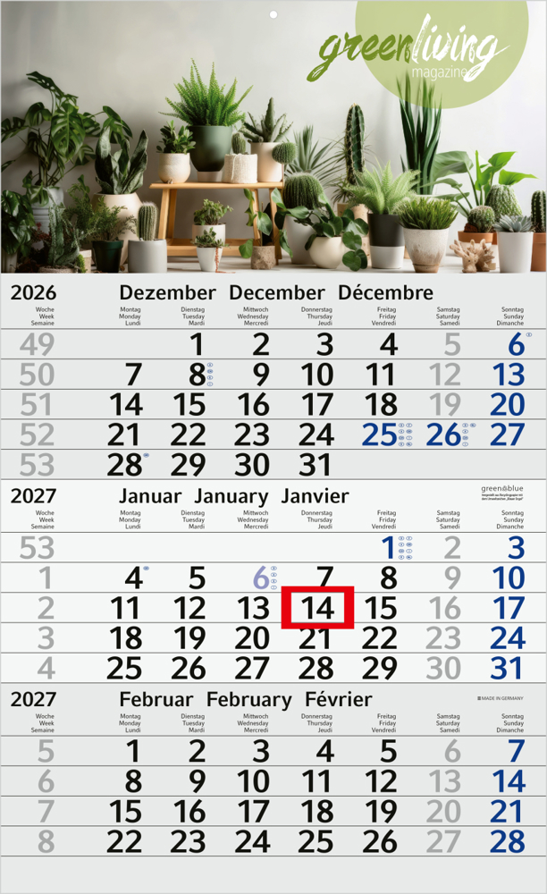 3-Monatskalender Einblatt Budget 3 RECYCLING Schrift modern - blau