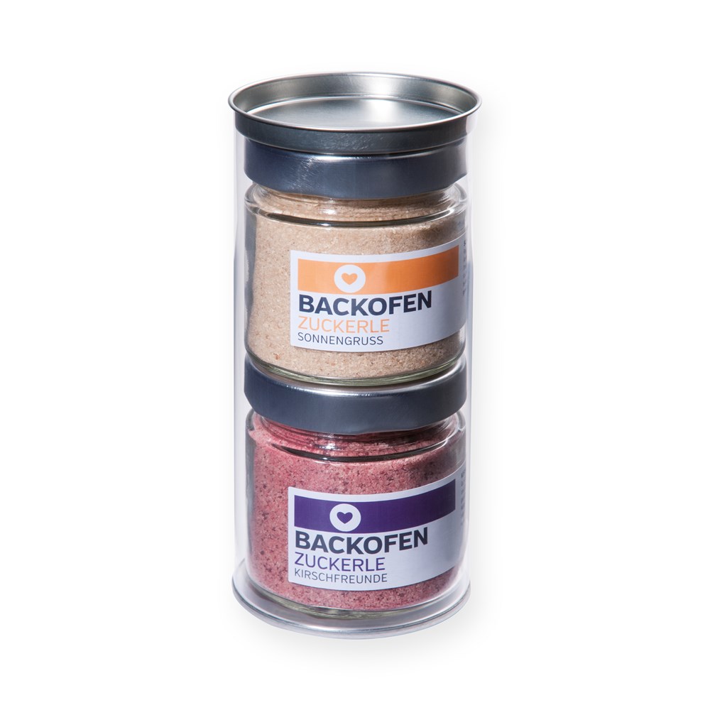 2 Maxi Gläser Backofen Zuckerele-Set in Runddose