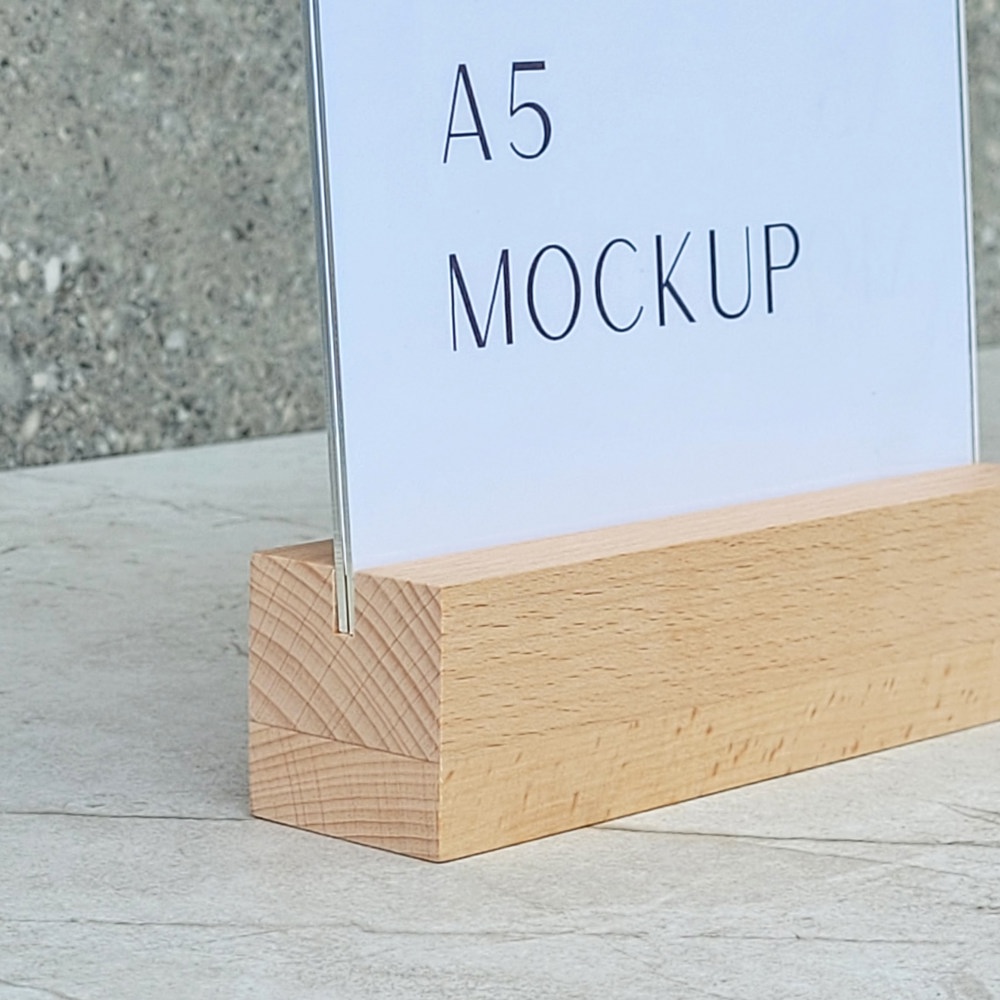 A5-Menühalter aus Buche mit Acrylhalter 150×40×40 mm, Nut 3,5×15 mm, Hartwachs